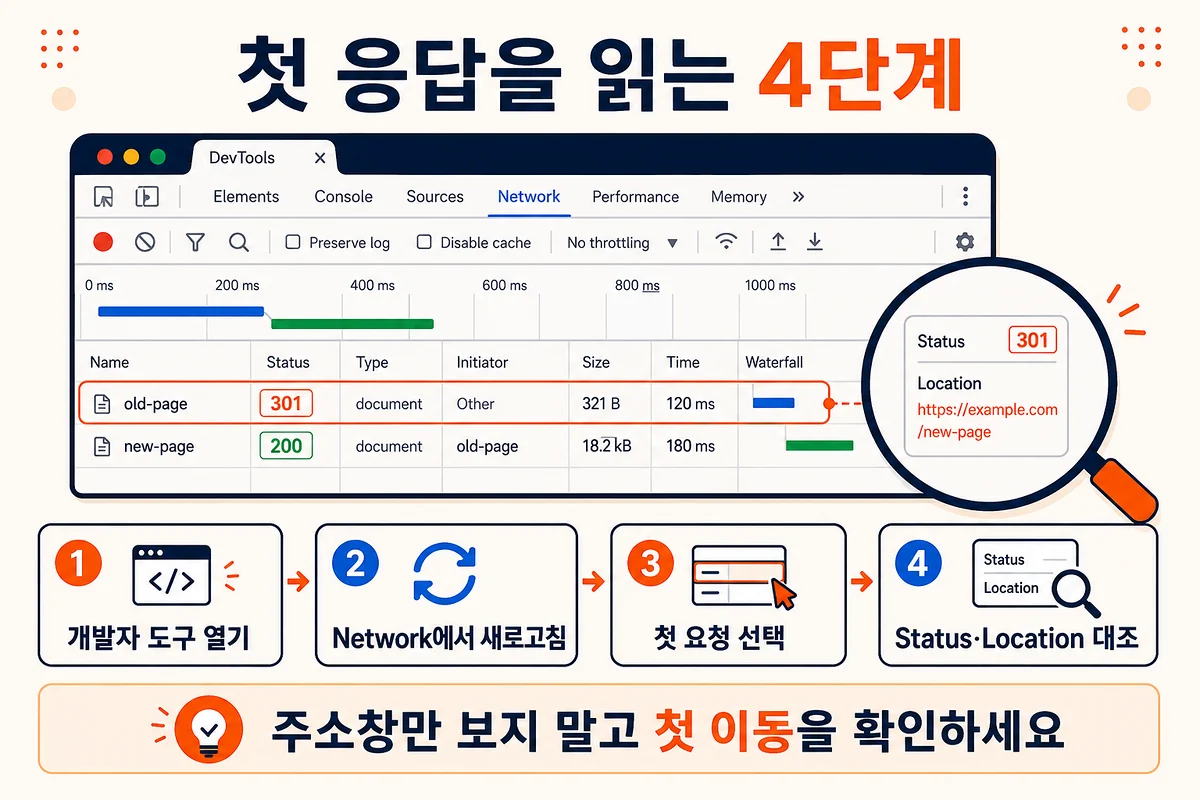 브라우저 개발자 도구 Network에서 첫 요청의 Status와 Location을 읽는 4단계