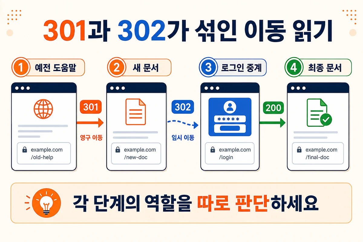 예전 도움말에서 301 새 문서와 302 로그인 중계를 거쳐 최종 문서 200으로 이동하는 흐름