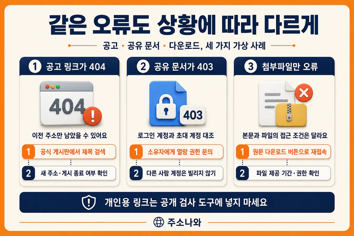 공고 링크의 404, 공유 문서의 403, 첨부파일 오류에 따른 공식 게시판 검색·권한 문의·원문 다운로드 버튼 이용 안내