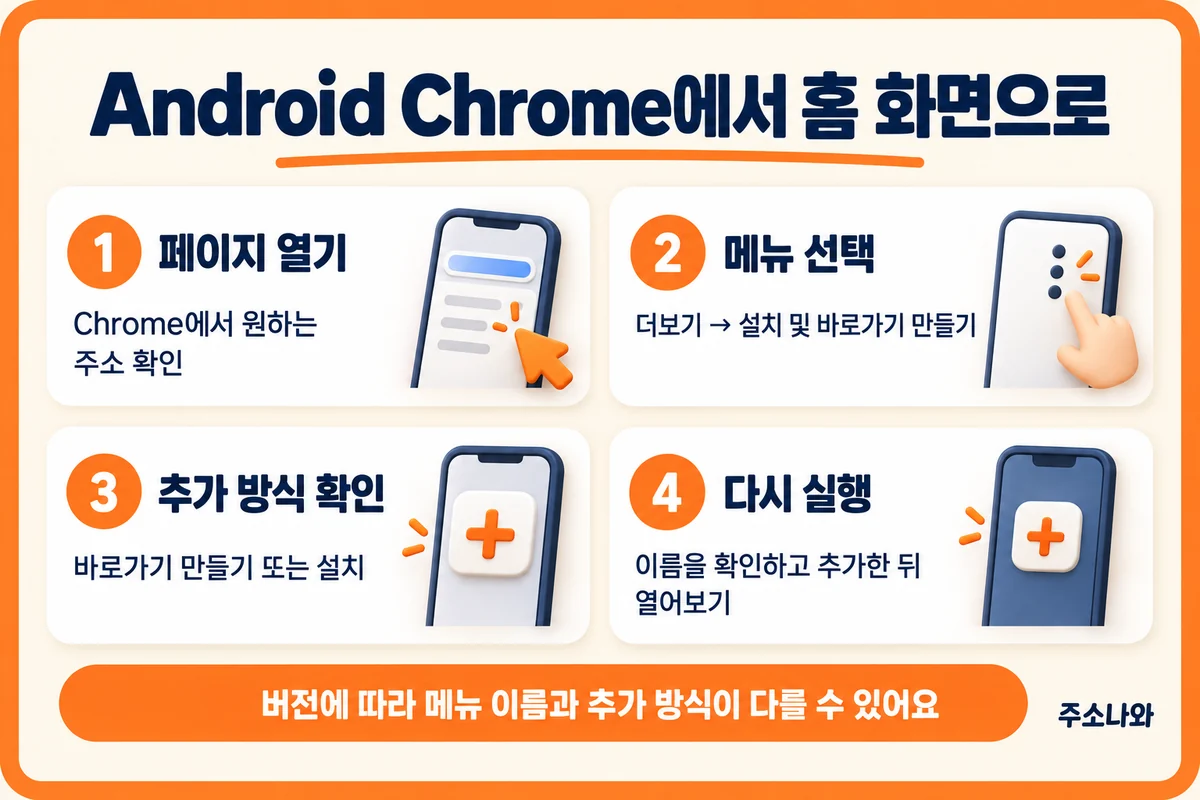 Android Chrome의 사이트 홈 화면 추가 4단계: 주소 확인, 메뉴 선택, 추가 방식 확인, 다시 실행