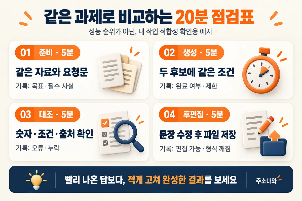 준비·생성·대조·후편집에 각각 5분을 배분해 같은 자료와 조건으로 AI 도구 두 후보를 비교하는 예시 점검표