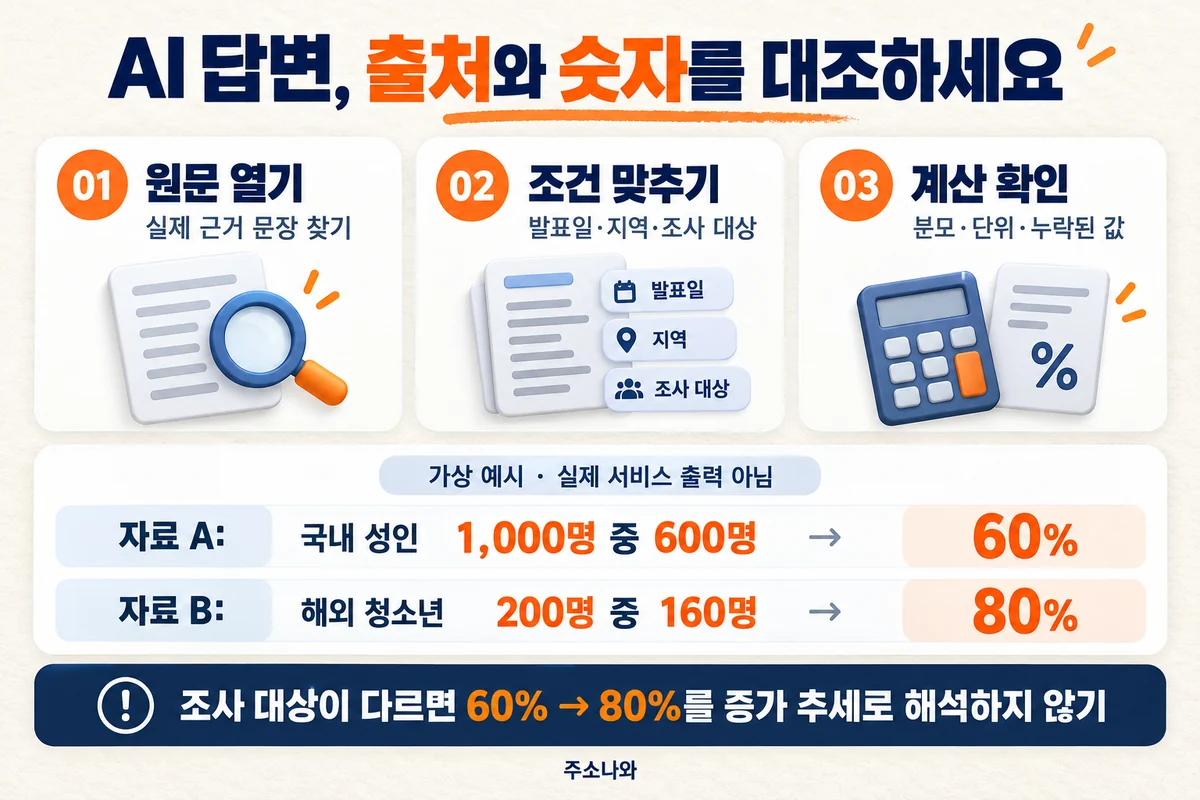 원문 열기·발표일과 조사 대상 대조·분모와 단위 확인, 서로 다른 표본의 60%와 80%를 증가 추세로 해석하지 않는 예시