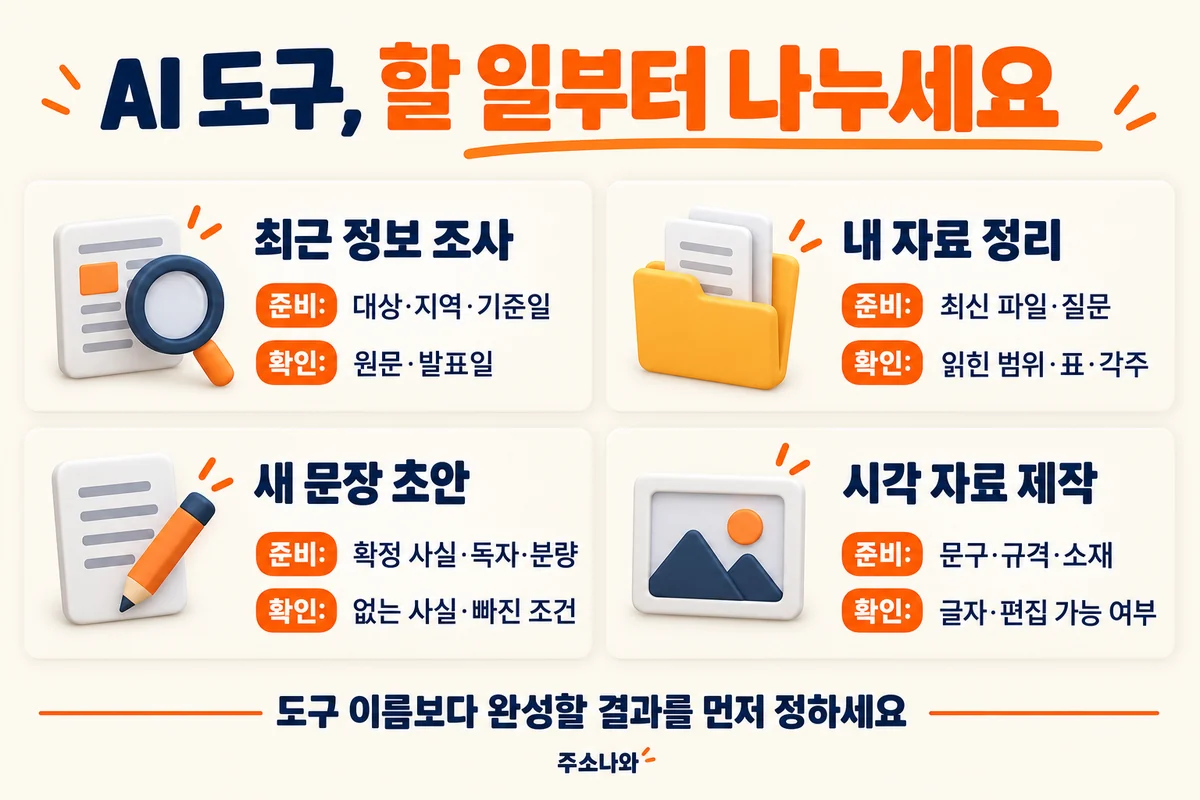 AI 도구 사이트 모음에서 최근 정보 조사·내 자료 정리·새 문장 초안·시각 자료 제작별 준비 사항과 검증 기준