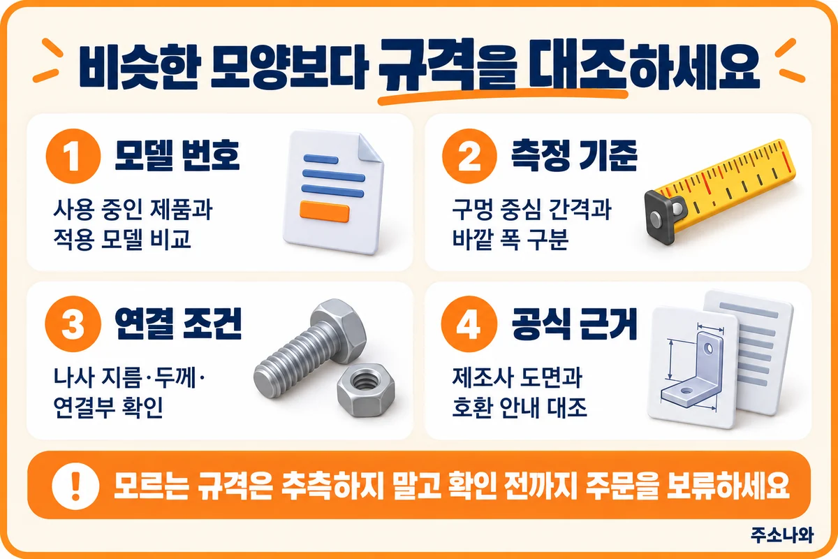 모델 번호, 구멍 중심 간격과 바깥 폭, 나사와 연결 조건, 제조사 도면을 비교하는 기준