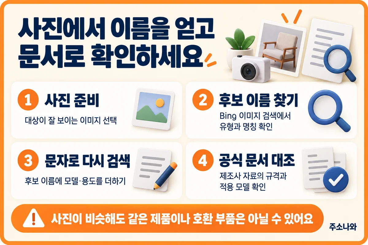 사진 준비, Bing 이미지 검색으로 후보 이름 찾기, 문자로 재검색, 제조사 공식 문서 대조의 네 단계