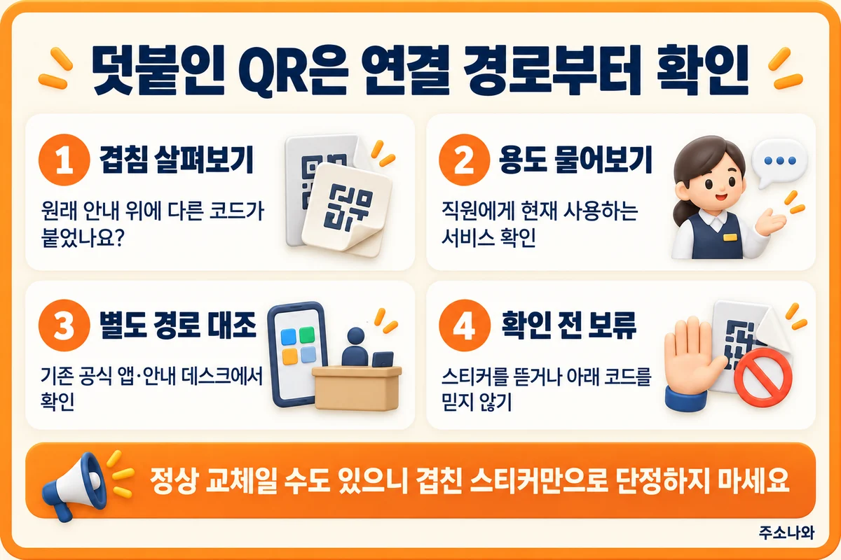 QR 스티커의 겹침과 용도를 살피고 직원·공식 앱·안내 데스크에서 연결 경로를 확인하는 순서