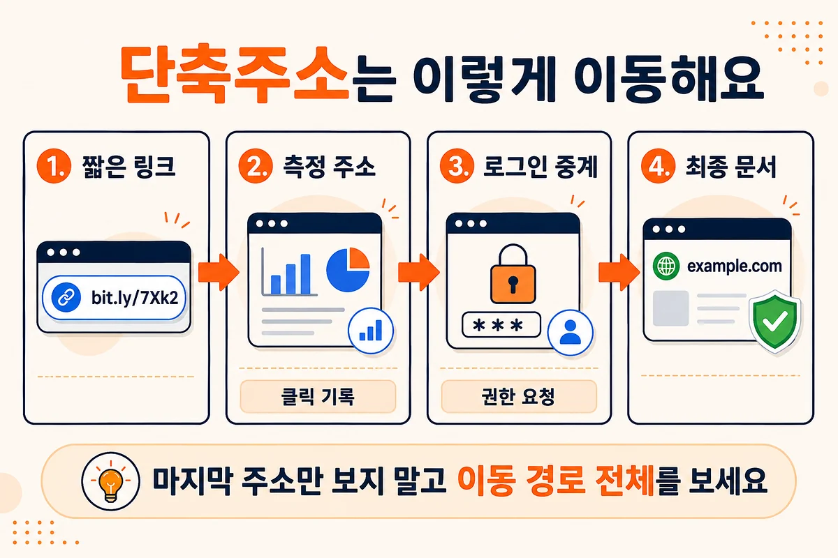 단축 URL 확인 시 짧은 링크에서 측정 주소와 로그인 중계를 거쳐 최종 문서로 이동하는 4단계
