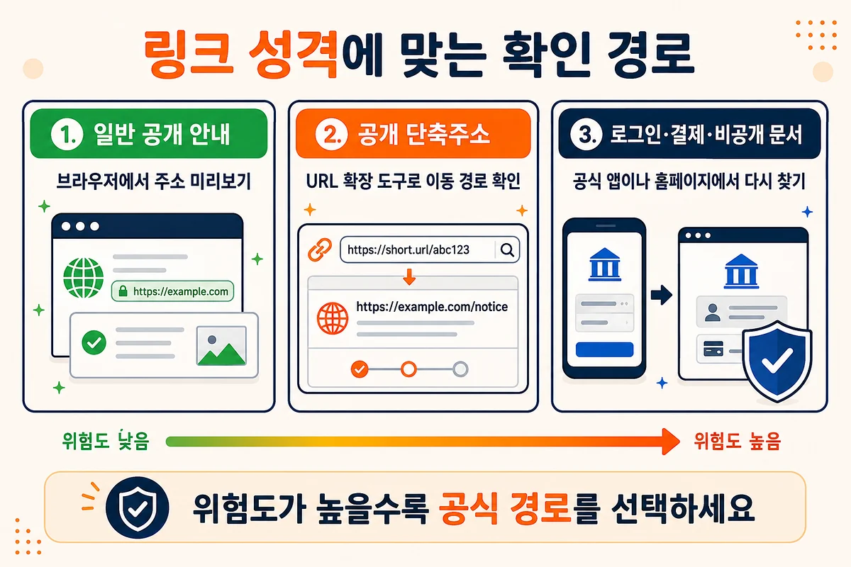 일반 공개 안내와 공개 단축주소, 로그인·결제·비공개 문서의 위험도에 맞춰 확인 경로를 고르는 방법