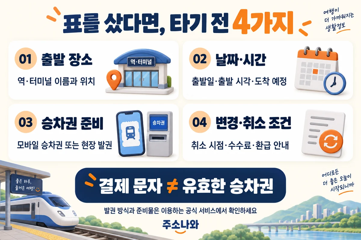 승차 전 출발 역·터미널, 날짜·시간, 모바일 승차권이나 현장 발권 방법, 변경·취소 조건을 확인하는 안내