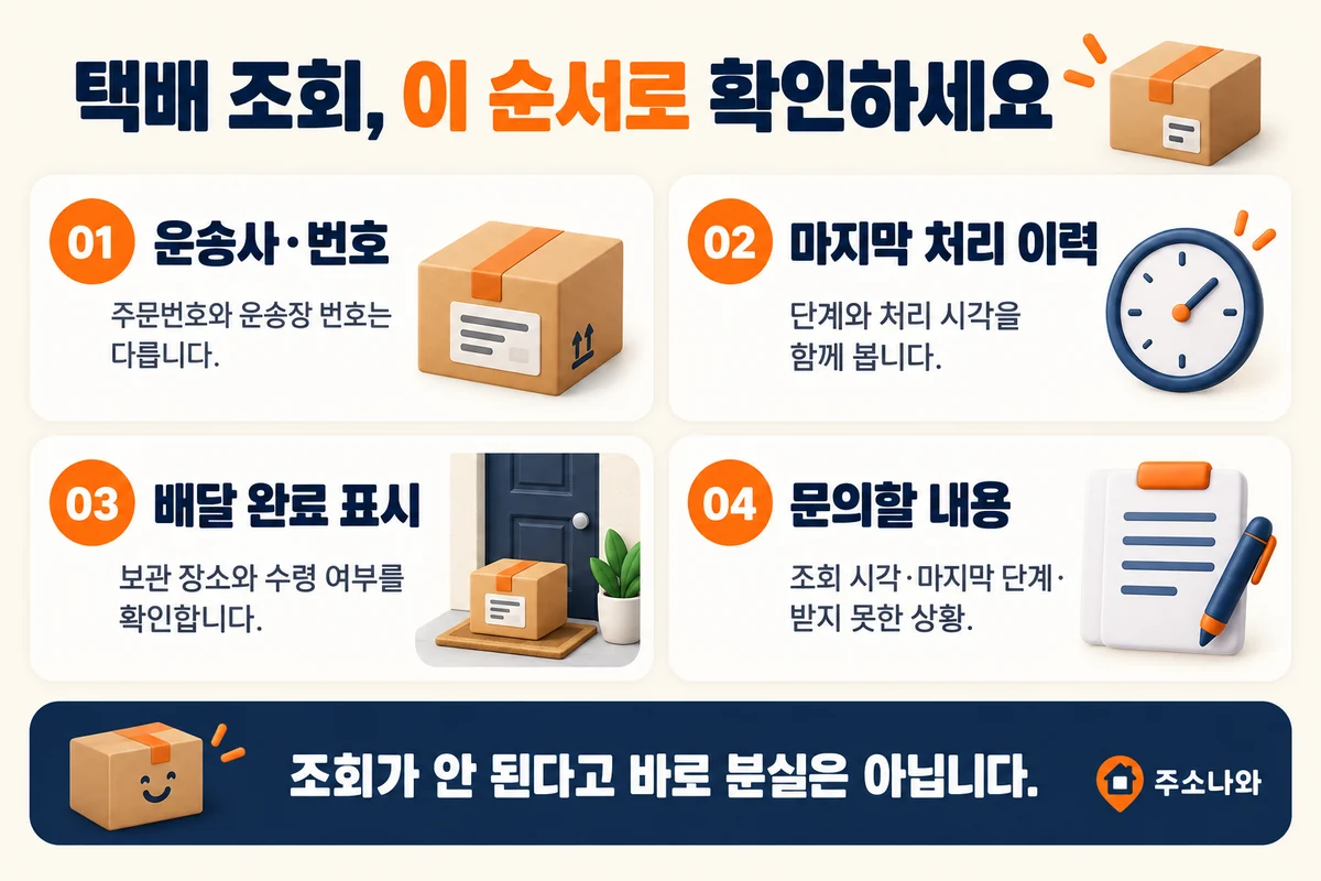 운송사와 운송장 번호, 마지막 처리 이력, 배달 완료 후 보관 장소, 문의할 내용을 확인하는 택배 점검 4단계