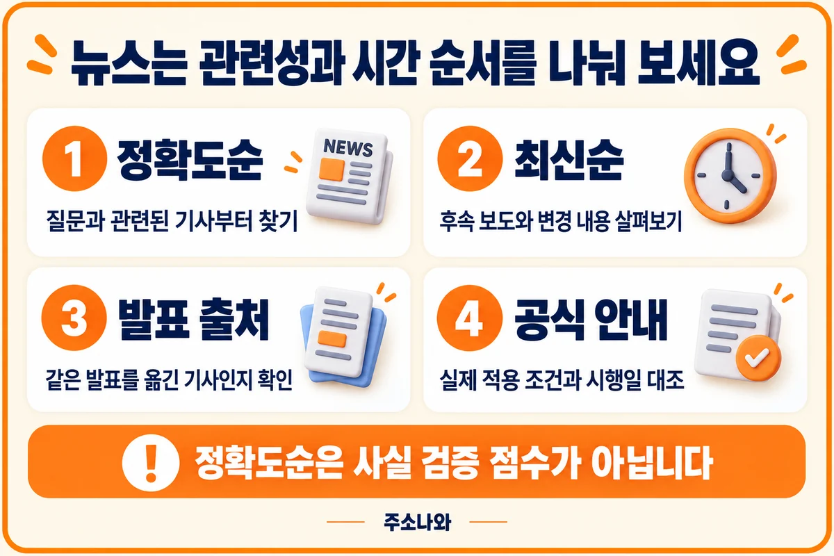 다음 뉴스의 정확도순·최신순 활용과 발표 출처·공식 적용 조건 확인의 네 가지 기준