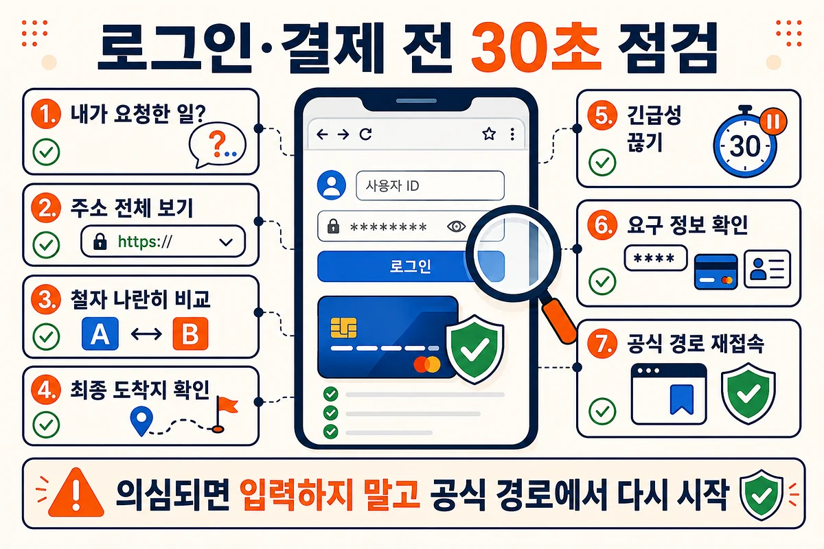 로그인 결제 전 요청 여부 주소 전체 철자 최종 도착지 긴급 문구 요구 정보 공식 경로를 확인하는 30초 점검표