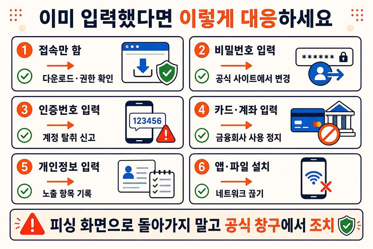 피싱 사이트 접속 비밀번호 인증번호 카드 계좌 개인정보 앱 파일 설치 상황별 첫 대응 조치