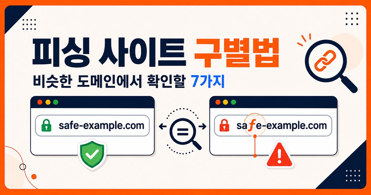피싱 사이트 구별법으로 정상 도메인과 철자 바꿔치기 도메인을 비교하는 안내