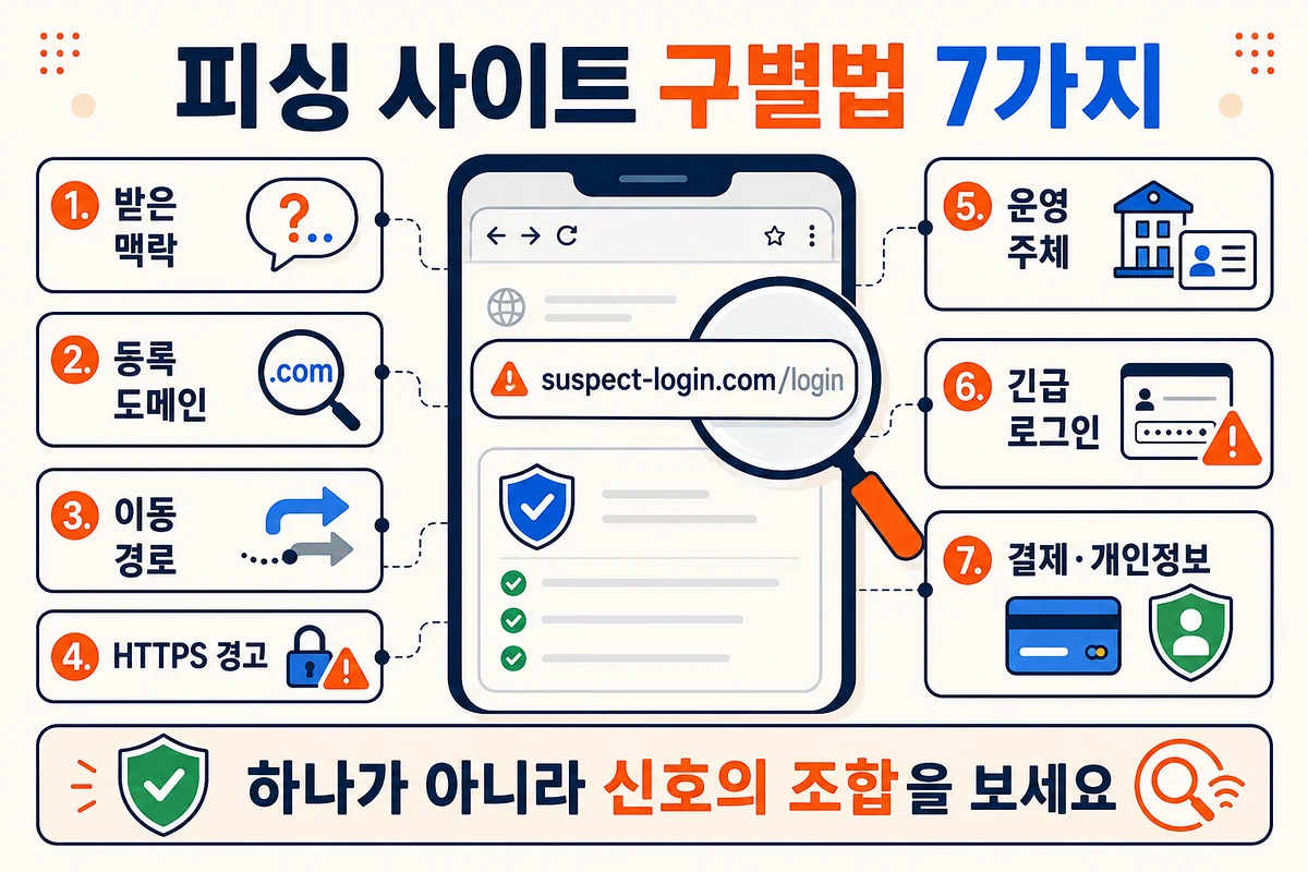 피싱 사이트 구별법 7가지로 받은 맥락 등록 도메인 이동 경로 HTTPS 운영 주체 긴급 로그인 결제 개인정보를 확인하는 순서