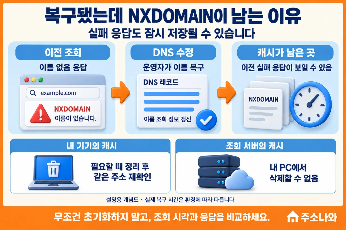 도메인 복구 뒤에도 기존 실패 응답이 캐시에 남을 수 있음을 설명하는 개념도