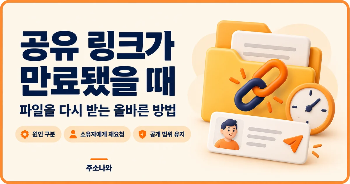 공유 링크 만료 원인 구분, 소유자에게 재요청, 공개 범위 유지를 안내하는 대표 이미지