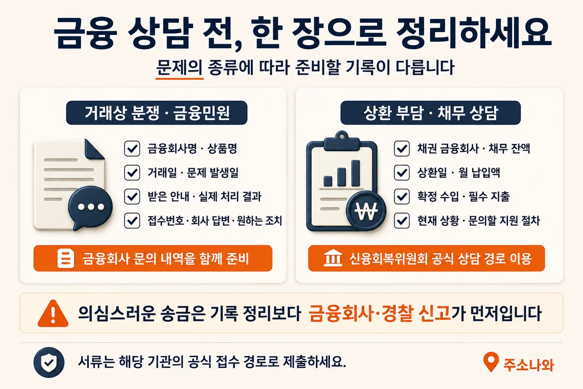 금융민원은 거래일·회사 답변·원하는 조치, 채무 상담은 잔액·상환일·수입·지출을 준비하는 체크리스트