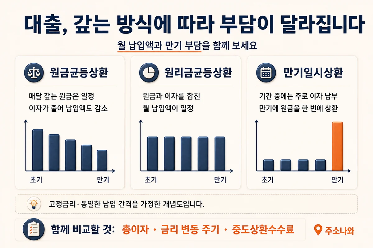 원금균등은 납입액 감소, 원리금균등은 일정한 납입액, 만기일시상환은 만기에 원금 상환을 보여주는 개념도