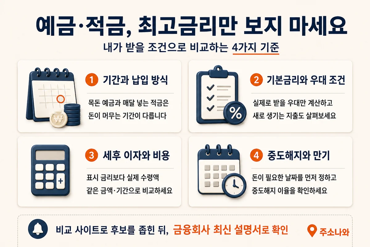 기간·납입 방식, 기본금리·우대 조건, 세후 이자·비용, 중도해지·만기를 비교하는 예적금 점검표