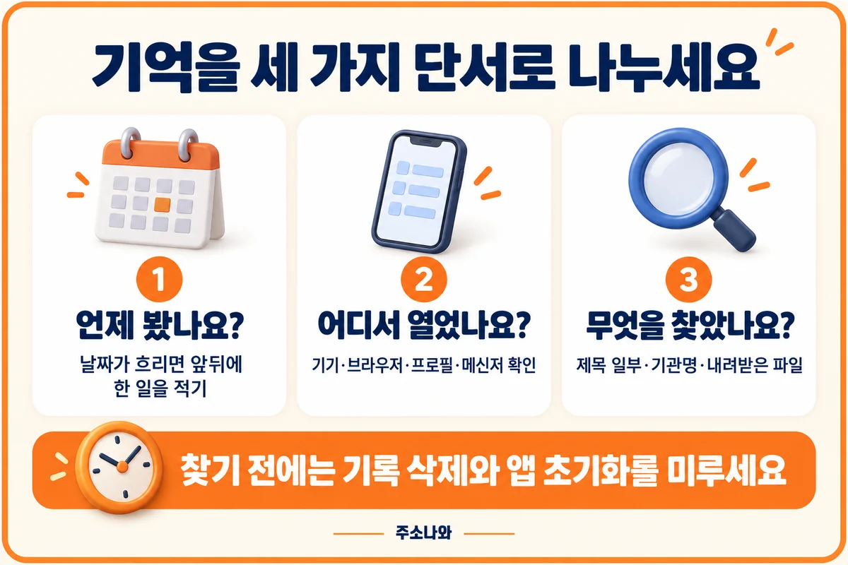 방문한 사이트 찾기를 위해 방문 시점, 사용한 기기·브라우저·프로필, 제목·기관명·파일을 정리하는 기준