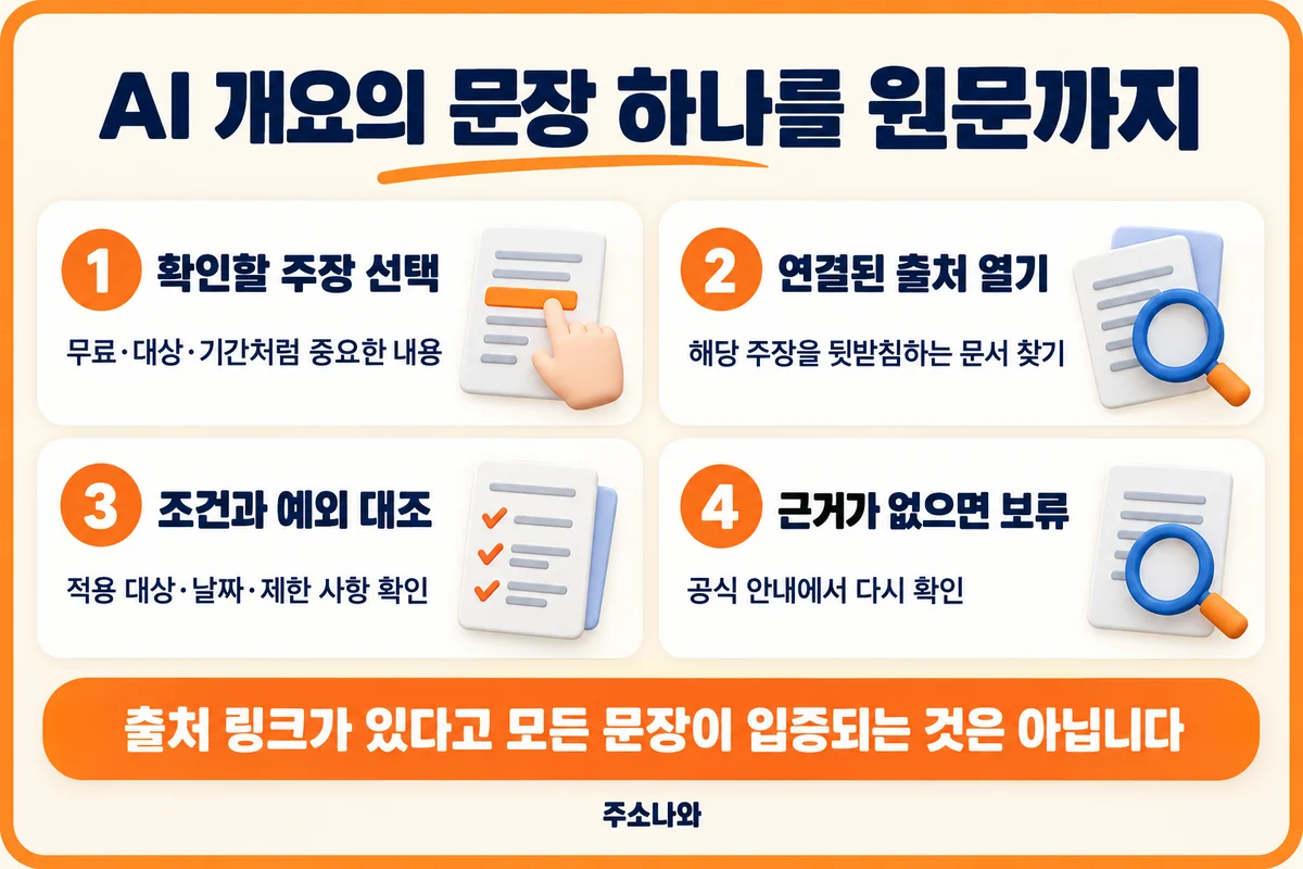 AI 개요에서 확인할 주장 선택, 연결된 출처 열기, 조건·예외 대조, 근거가 없으면 판단 보류의 네 단계