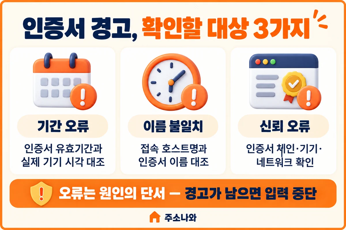 HTTPS 인증서 오류에서 유효기간·도메인 이름·신뢰 경로를 구분하는 확인 안내