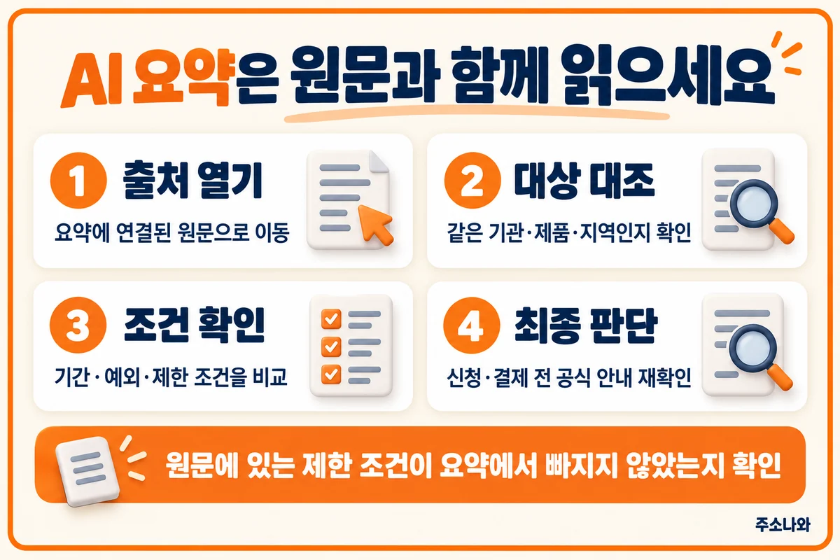 AI 요약의 출처 열기, 대상 대조, 기간·예외·제한 조건 확인, 신청·결제 전 공식 안내 재확인의 네 단계