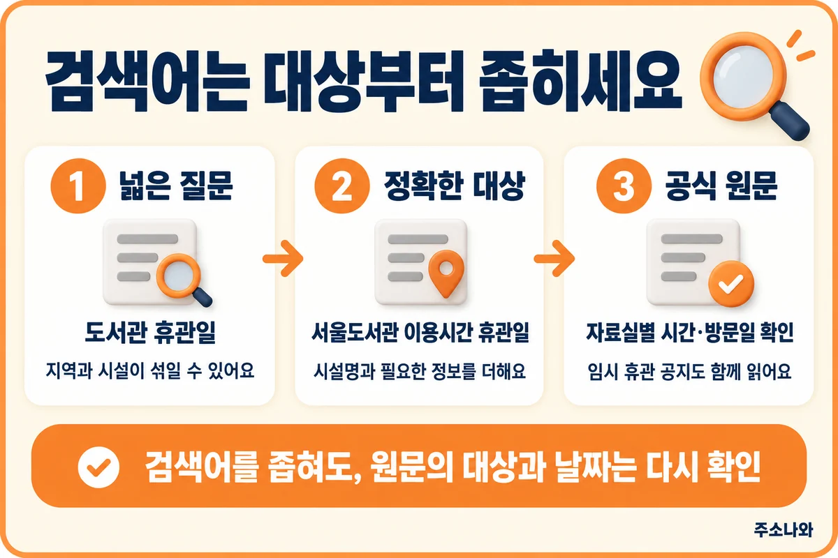 도서관 휴관일을 서울도서관 이용시간 휴관일로 구체화하고 공식 원문의 대상과 날짜를 확인하는 순서