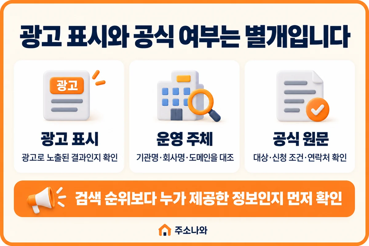광고 표시, 기관명·회사명·도메인, 공식 원문의 대상·신청 조건·연락처를 대조하는 기준