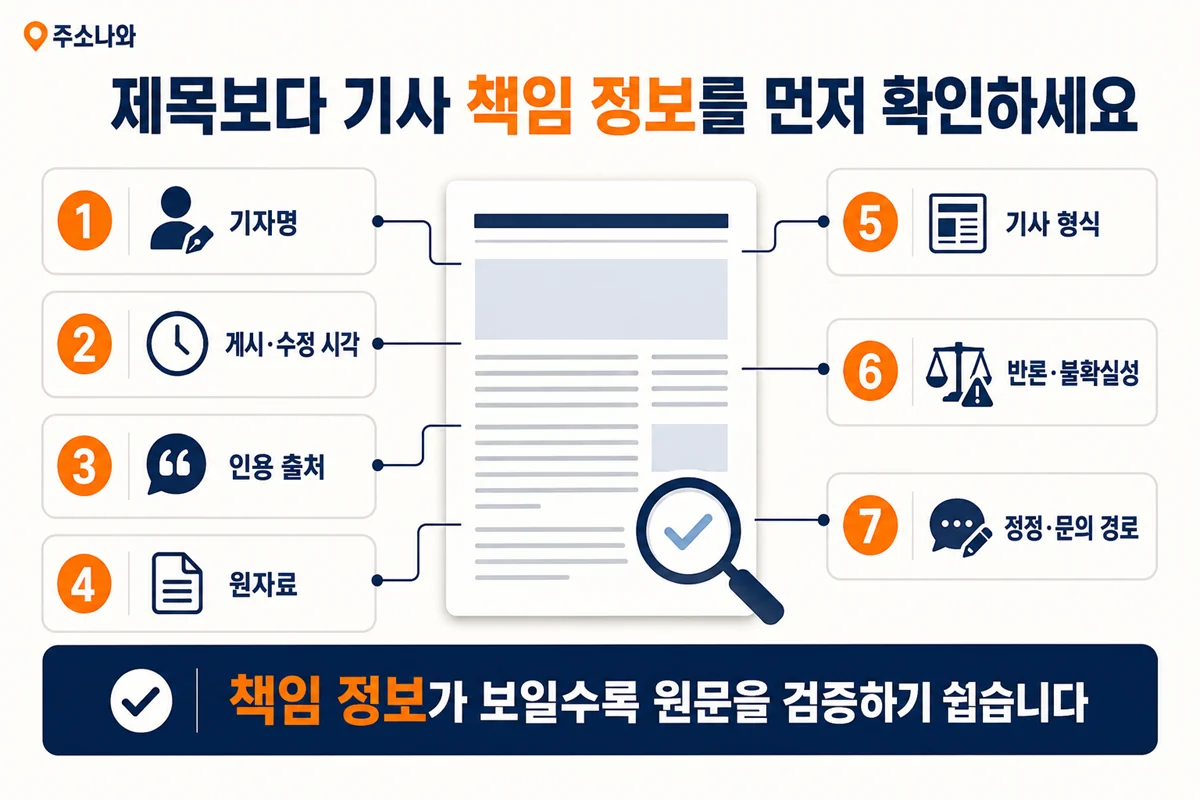기자명, 게시·수정 시각, 인용 출처, 원자료, 기사 형식, 반론·불확실성, 정정·문의 경로를 확인하는 뉴스 기사 체크리스트