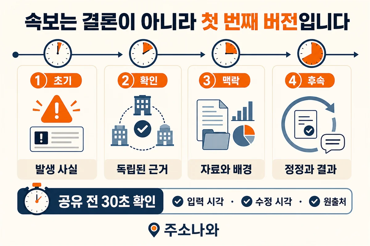뉴스 사이트 모음의 속보를 초기, 확인, 맥락, 후속 4단계로 나눠 확인하는 시간 흐름