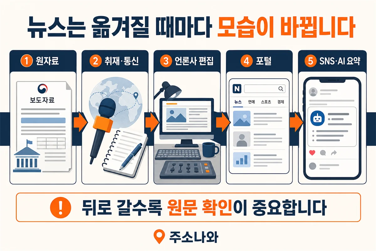 뉴스 사이트 모음에서 원자료, 취재·통신, 언론사 편집, 포털, SNS·AI 요약으로 이어지는 뉴스 유통 경로