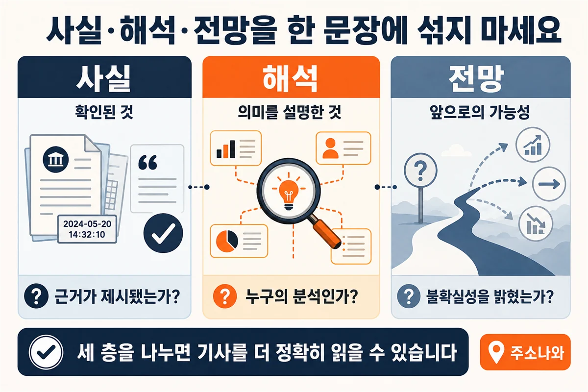 뉴스 사이트 모음의 기사에서 확인된 사실, 해석과 맥락, 전망과 주장을 구분하는 기준