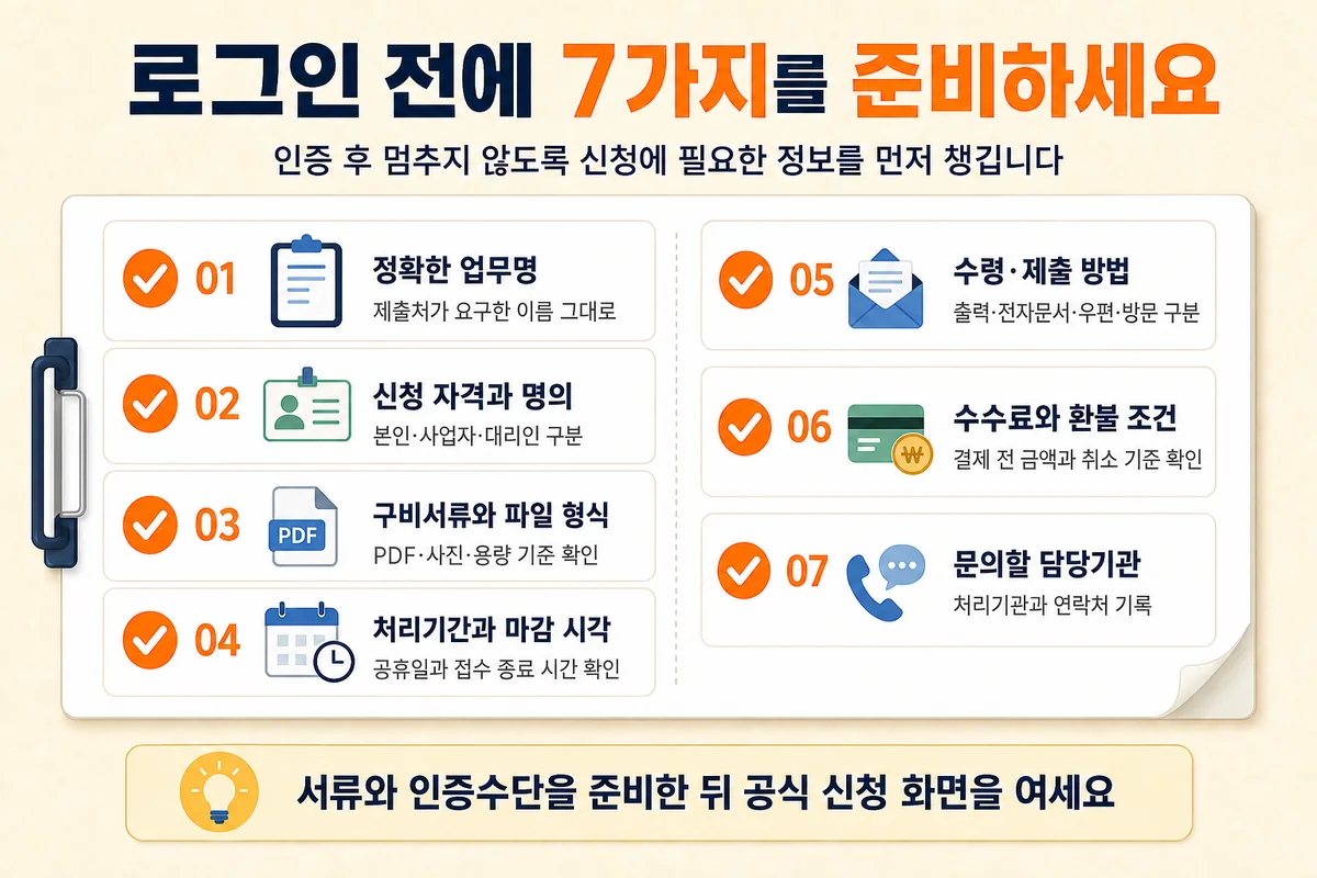 민원 로그인 전에 업무명·신청 명의·구비서류·처리기간·제출 방법·수수료·담당기관을 점검하는 목록