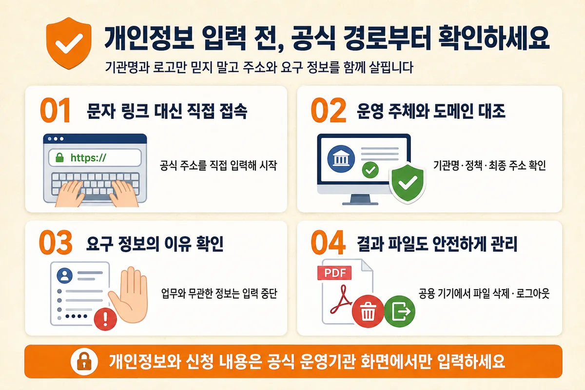 문자 링크 대신 직접 접속하고 운영 주체·도메인·요구 정보·결과 파일을 점검하는 개인정보 보호 방법