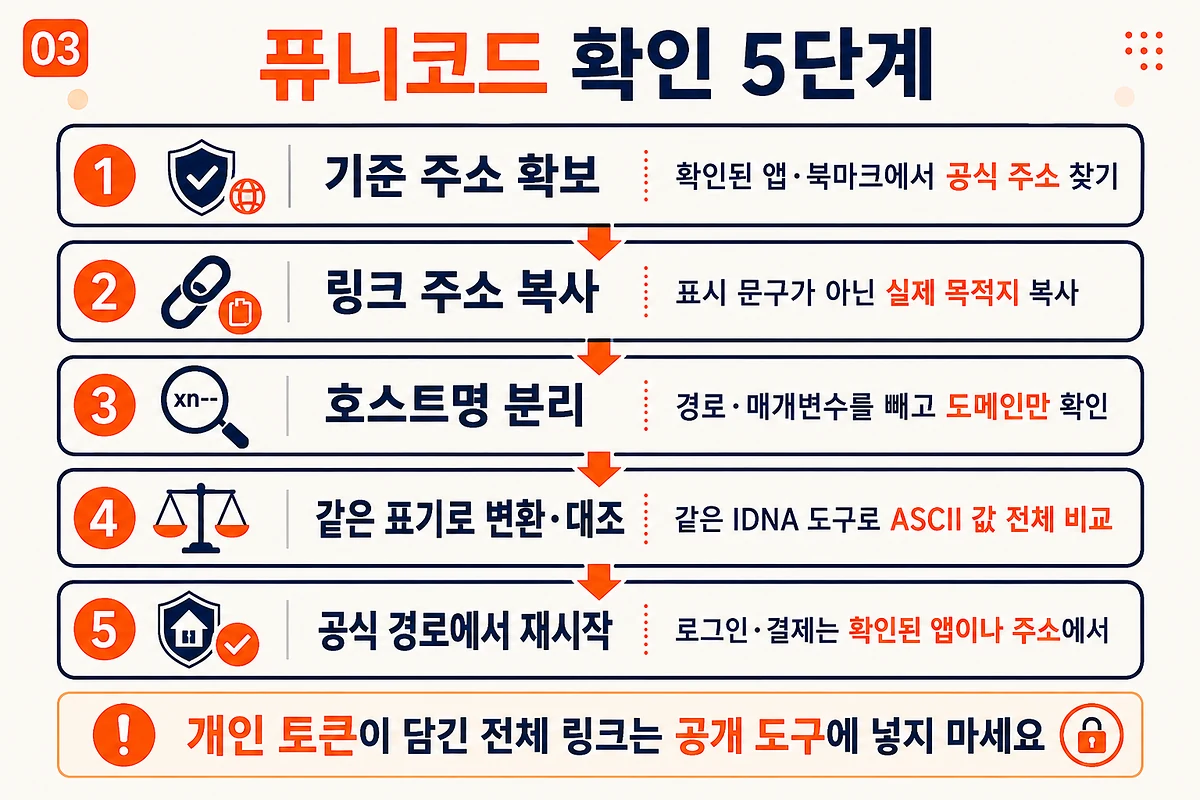 퓨니코드 확인 5단계: 기준 주소 확보, 링크 복사, 호스트명 분리, ASCII 변환과 대조, 공식 경로 재접속