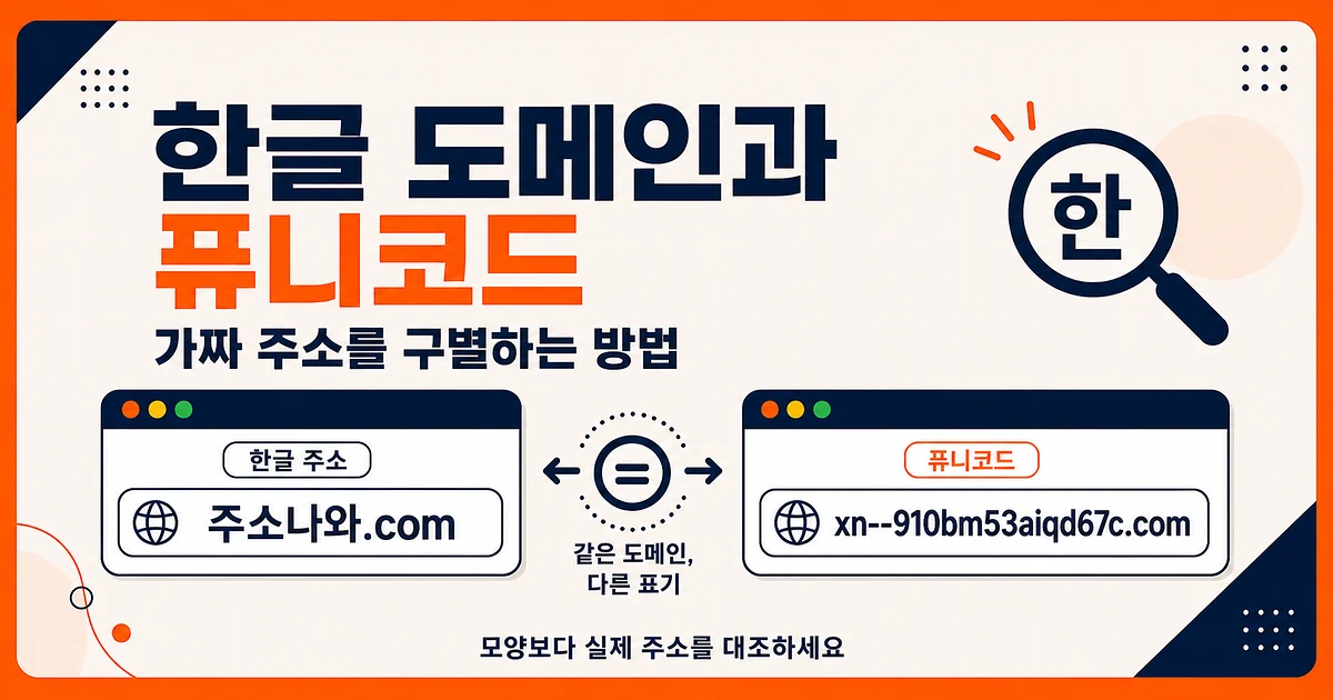 한글 도메인 주소나와.com과 xn--910bm53aiqd67c.com이 같은 도메인의 다른 표기임을 보여주는 그림