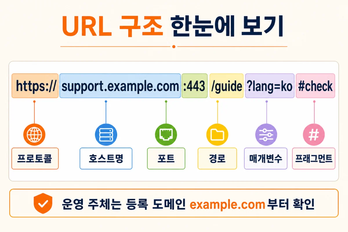 URL 구조 보는 법을 보여주는 프로토콜·호스트명·포트·경로·매개변수·프래그먼트 구성 예시
