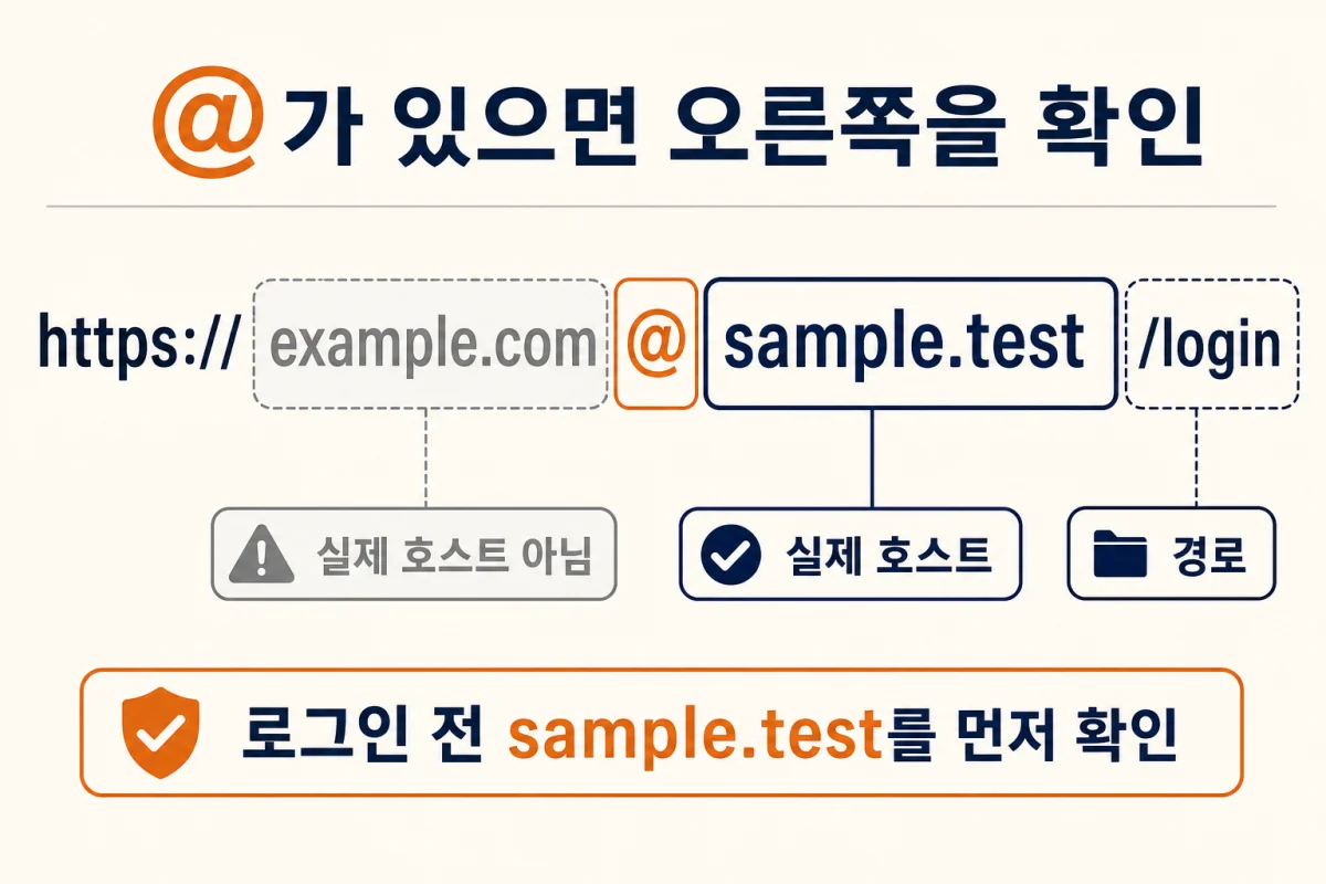 URL 구조 보는 법에서 @ 오른쪽 sample.test가 실제 호스트임을 보여주는 예시