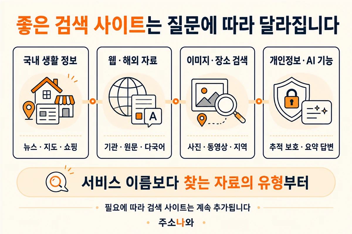검색 사이트 모음에서 국내 생활 정보, 해외 자료, 이미지와 장소, 개인정보와 AI 기능 등 찾는 자료 유형에 따라 서비스를 선택하는 방법