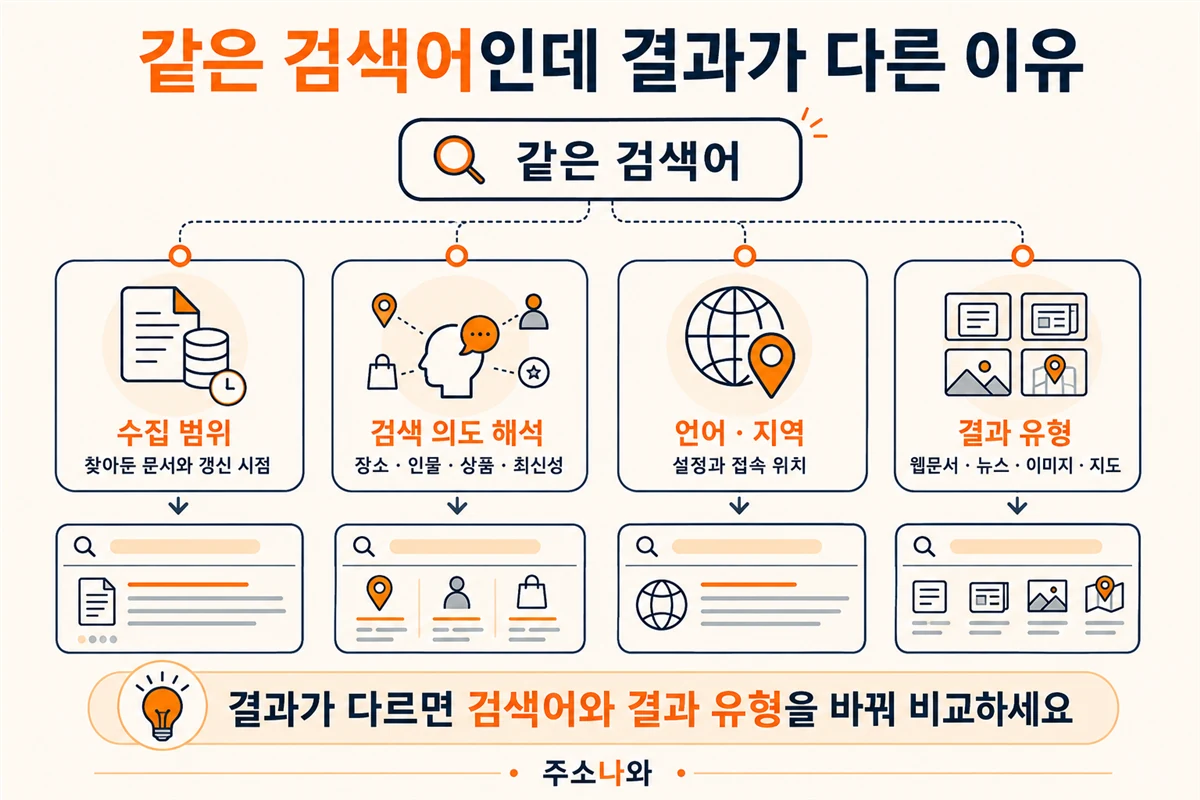 수집 범위, 검색 의도 해석, 언어와 지역, 결과 유형에 따라 같은 검색어의 결과가 달라지는 네 가지 이유