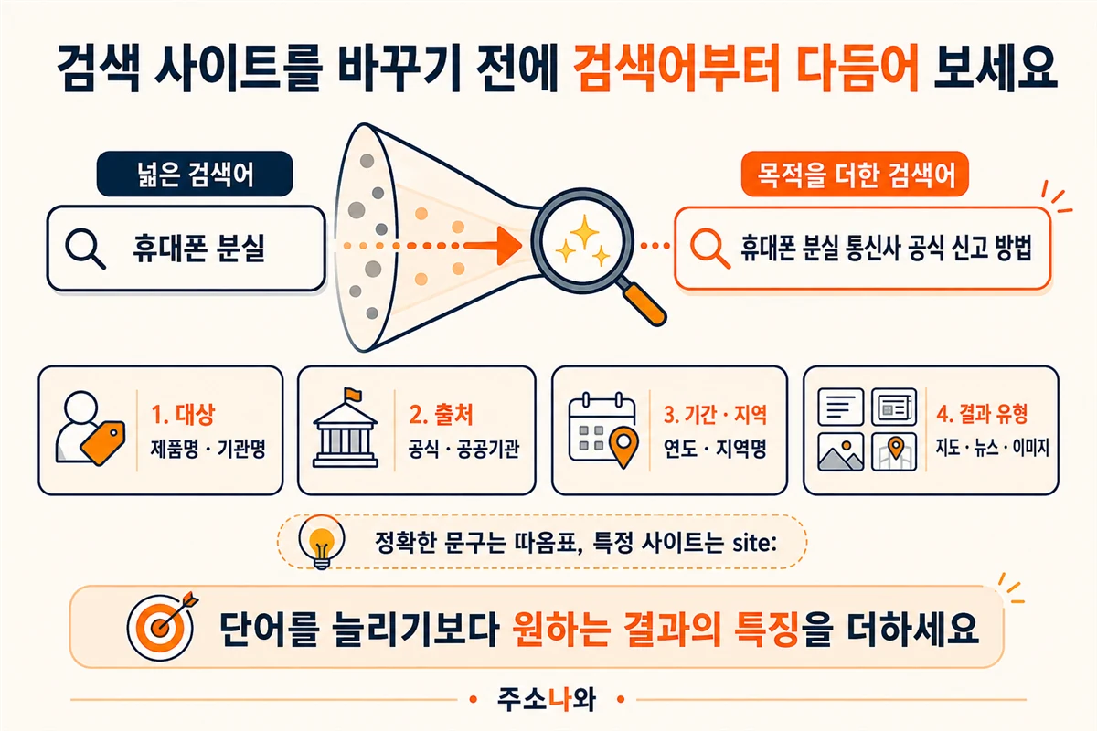 휴대폰 분실 검색어에 대상, 공식 출처, 기간과 지역, 결과 유형을 더해 검색 의도를 구체화하는 방법