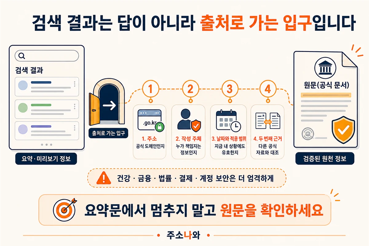 검색 결과에서 원문으로 이동해 공식 주소, 작성 주체, 날짜와 적용 범위, 두 번째 공식 근거를 확인하는 순서