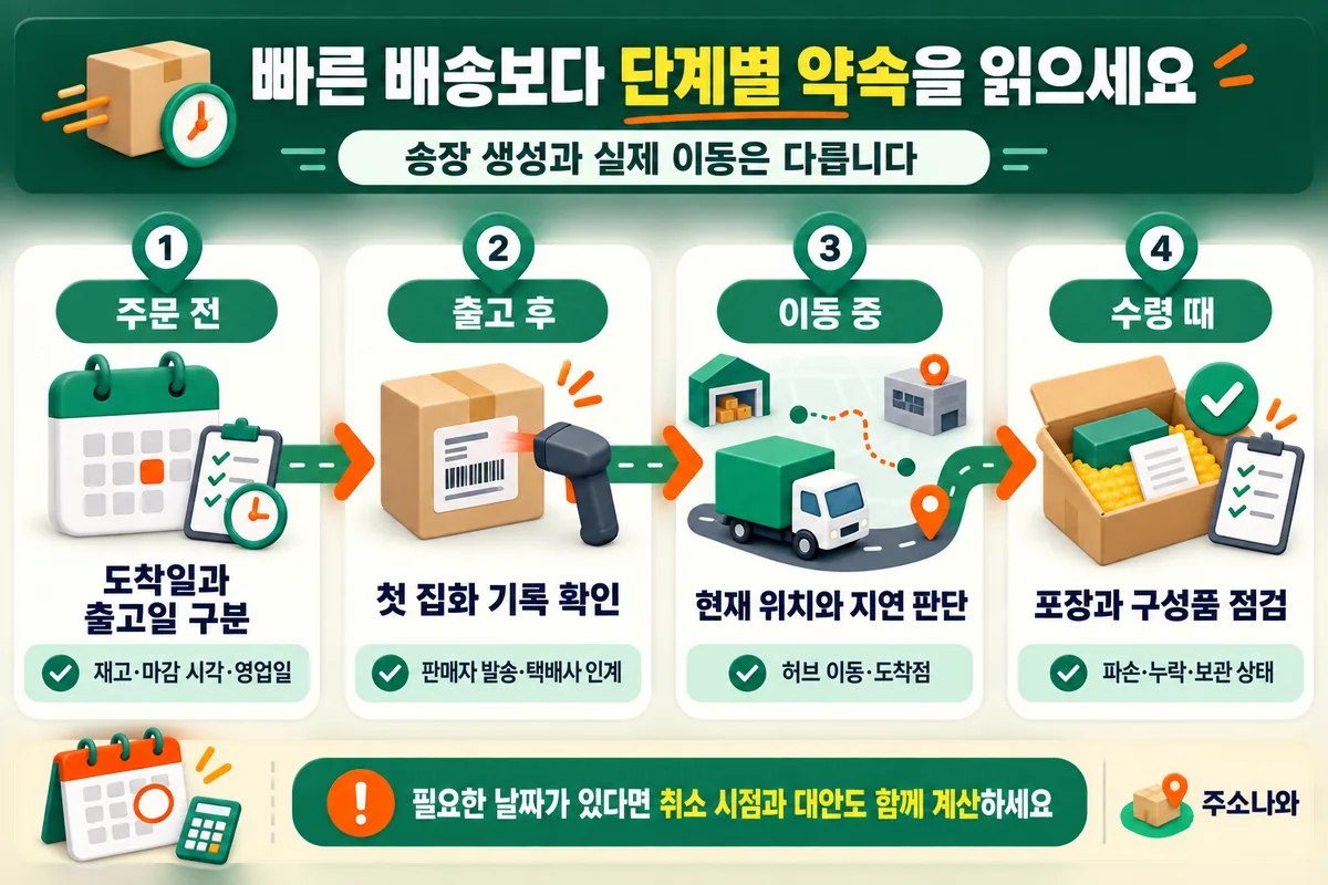 주문 전, 출고 후, 이동 중, 수령 때 확인할 배송 정보를 네 단계로 정리한 표