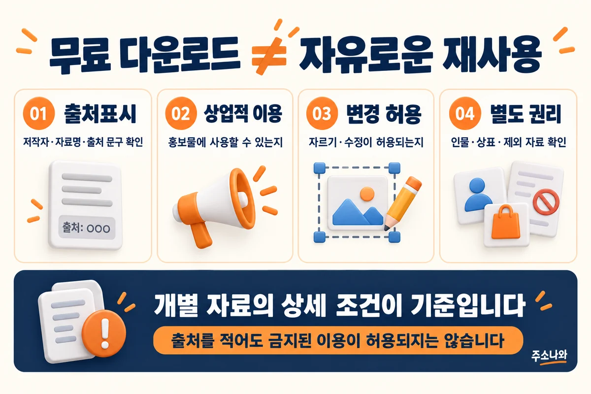 무료 다운로드와 자유로운 재사용을 구분하고 출처표시·상업적 이용·변경 허용·별도 권리를 확인하는 네 가지 기준