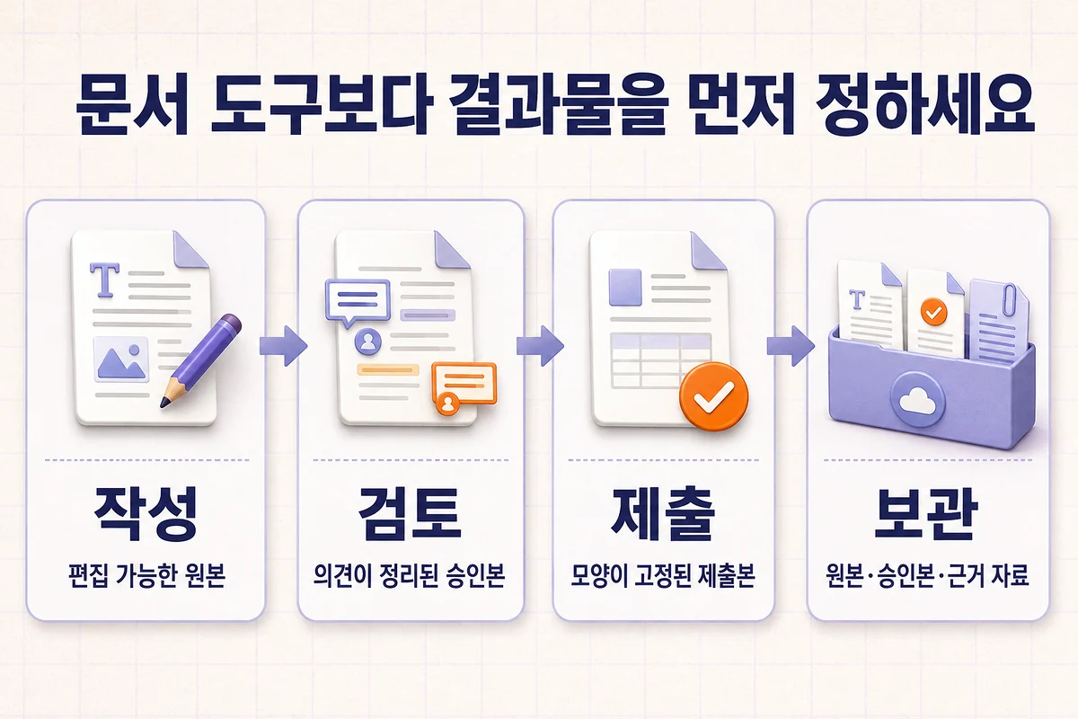 업무·문서 링크모음에서 작성용 원본, 검토용 승인본, 제출용 고정본과 보관 자료를 구분하는 네 단계