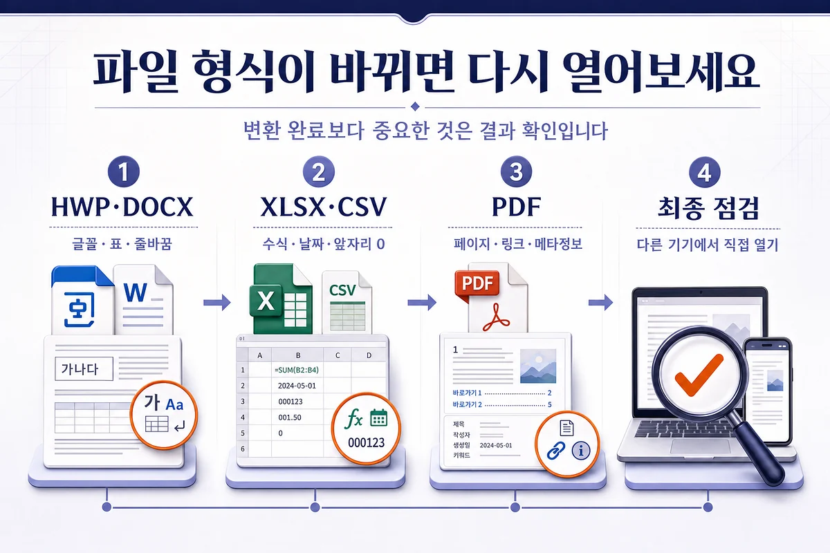 HWP와 DOCX의 글꼴·표·줄바꿈, XLSX와 CSV의 수식·날짜, PDF의 페이지·링크·메타정보를 변환 후 점검하는 흐름