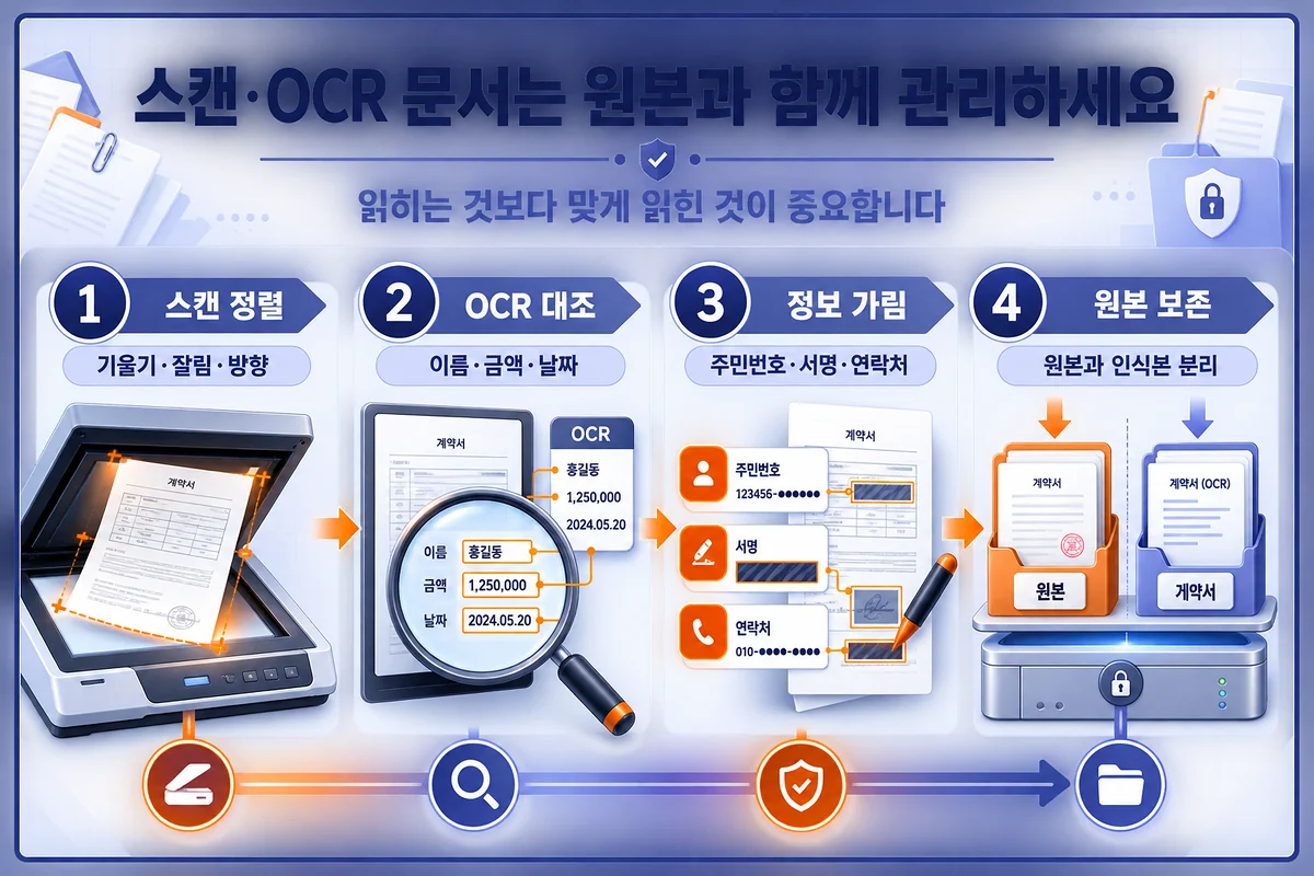 스캔 문서의 기울기·잘림·방향을 정렬하고 OCR 이름·금액·날짜를 대조한 뒤 개인정보를 가리고 원본을 보존하는 과정