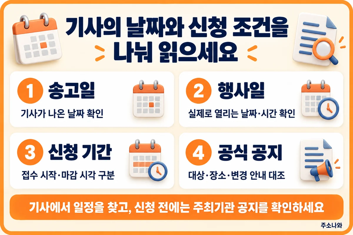 기사 송고일, 행사일, 신청 기간을 구분하고 공식 공지의 대상·장소·변경 안내를 대조하는 방법